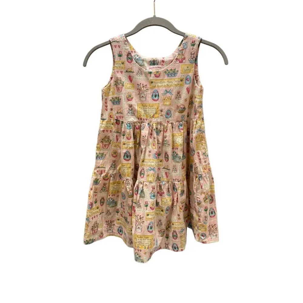 Handcrafted hand sewn toddler girls tiered Easter dress, pink size 4T/5T